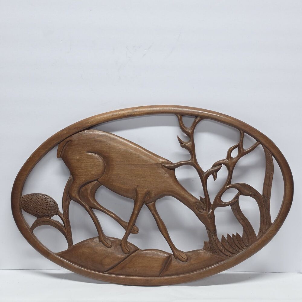 Vintage Deer Wall Decor Wooden Oval Handcarved Cabincore Country Decor 18 × 11